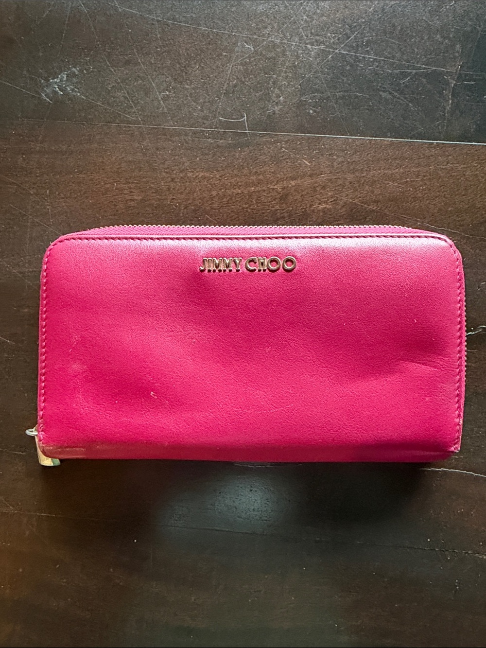 Jimmy Choo Hot Pink Zip-Around Wallet with Gold Logo